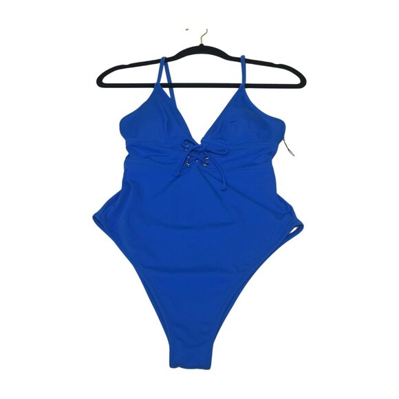 Shade & Shore One Piece Swimsuit Plunging V-Neck Lace-up Ties Blue Size Small - Picture 1 of 11